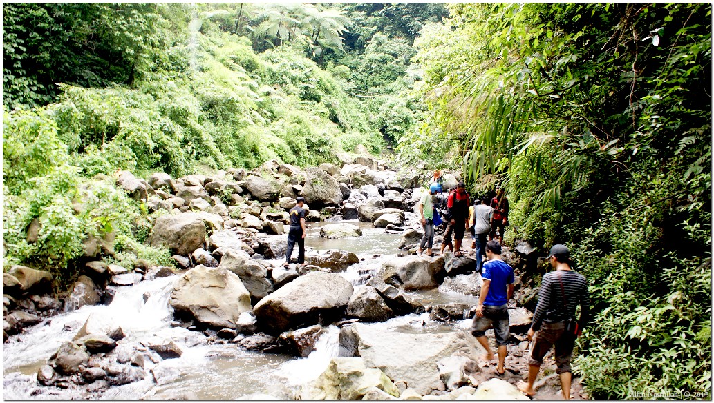 Susur Sungai Menuju Air Terjun Madakaripura. Semua orang yang ingin ke Air Terjun Madakaripura harus melewati aliran sungai ini. Batu-batu besar digunakan untuk pijakan, tapi harus hati-hati ketika memijak. Kedua teman saya memilih tidak memakai sendal, tetapi saya lebih memilih memakai sendal, karena kalau tidak terbiasa, akan terasa sakit di telapak kaki. Ada beberapa batu yang licin. Air sungai ini juga berasal dari Air Terjun. 