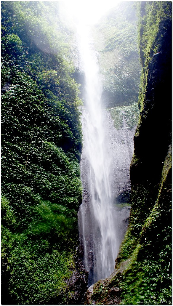 Air terjun utama Madakaripura sudah nampak didepan mata, tapi masih belum cukup sebelum bisa menyentuh kubangan dimana air itu jatuh. Untuk mencapai tempat itu, orang harus merayap seperti kambing gunung melewat tebing bebatuan kasar yang ada di samping kanan. Saya lupa waktu itu pakai sendal atau telanjang kaki. Sebenarnya masih bisa melewati aliran air tapi terlalu berbahaya menurut saya, walapun teman saya melakukannya.